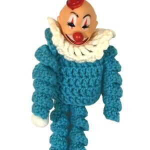 Vintage Handmade YoYo Circle Crochet Clown Doll Teal Blue Long Legs Arms